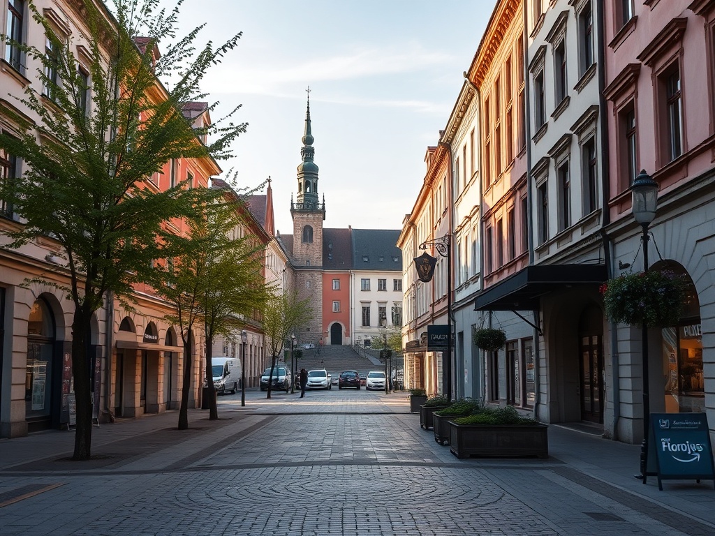 Ilustracja przedstawiająca kościół w Ostrowie Wielkopolskim z elementami symbolizującymi transmisję online i ostrzeżenie pogodowe